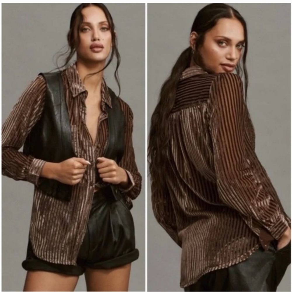 Pilcro Striped Chocolate Brown Velvet Burnout Button Up Blouse  Size SP